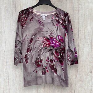 REBECCA MALONE Plus Pink Purple Floral Rhinestone Lightweight Tunic Sweater 1X